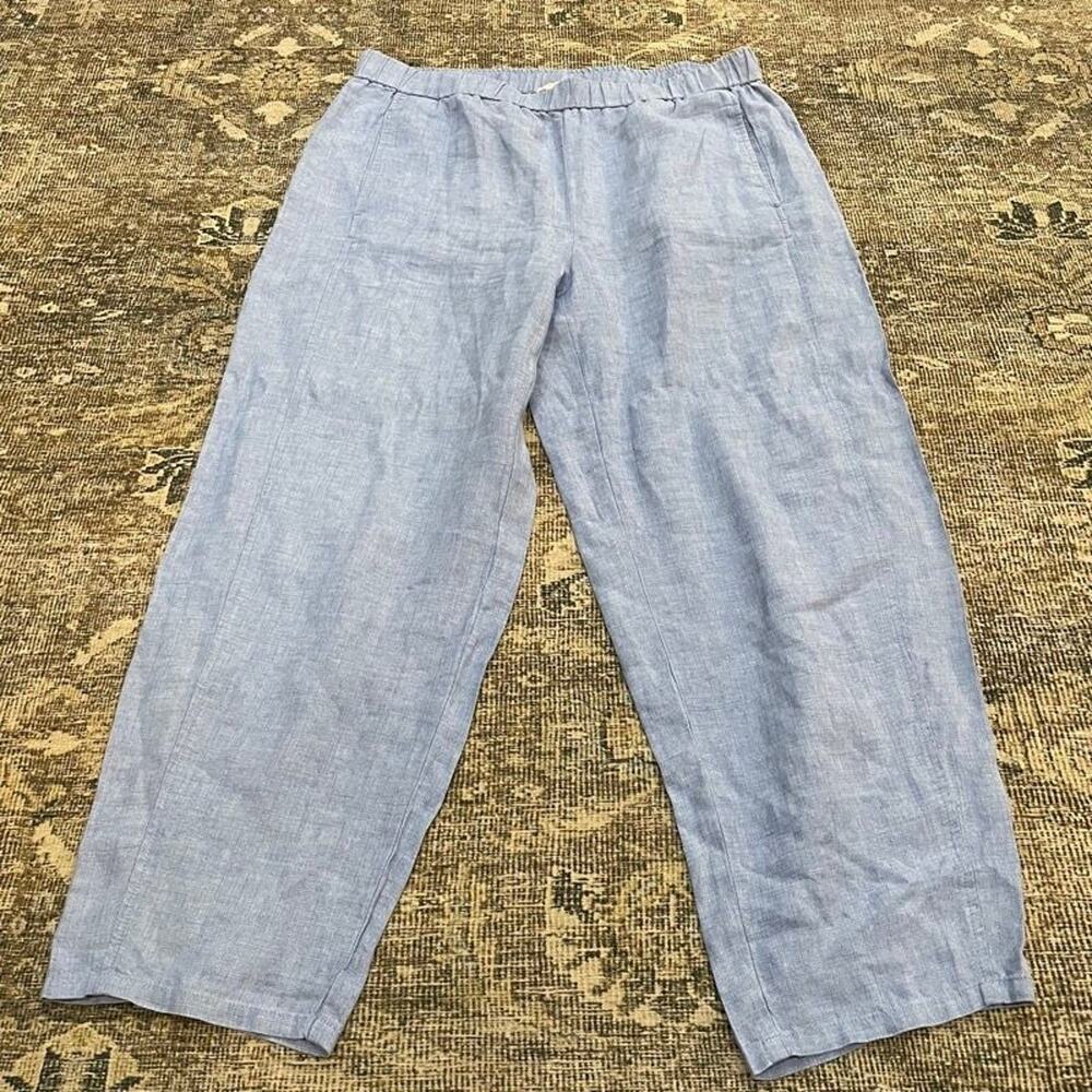 Eileen Fisher Womens L 100% Linen Pull-On Pants Chambray Blue Wide Leg Lagenlook
